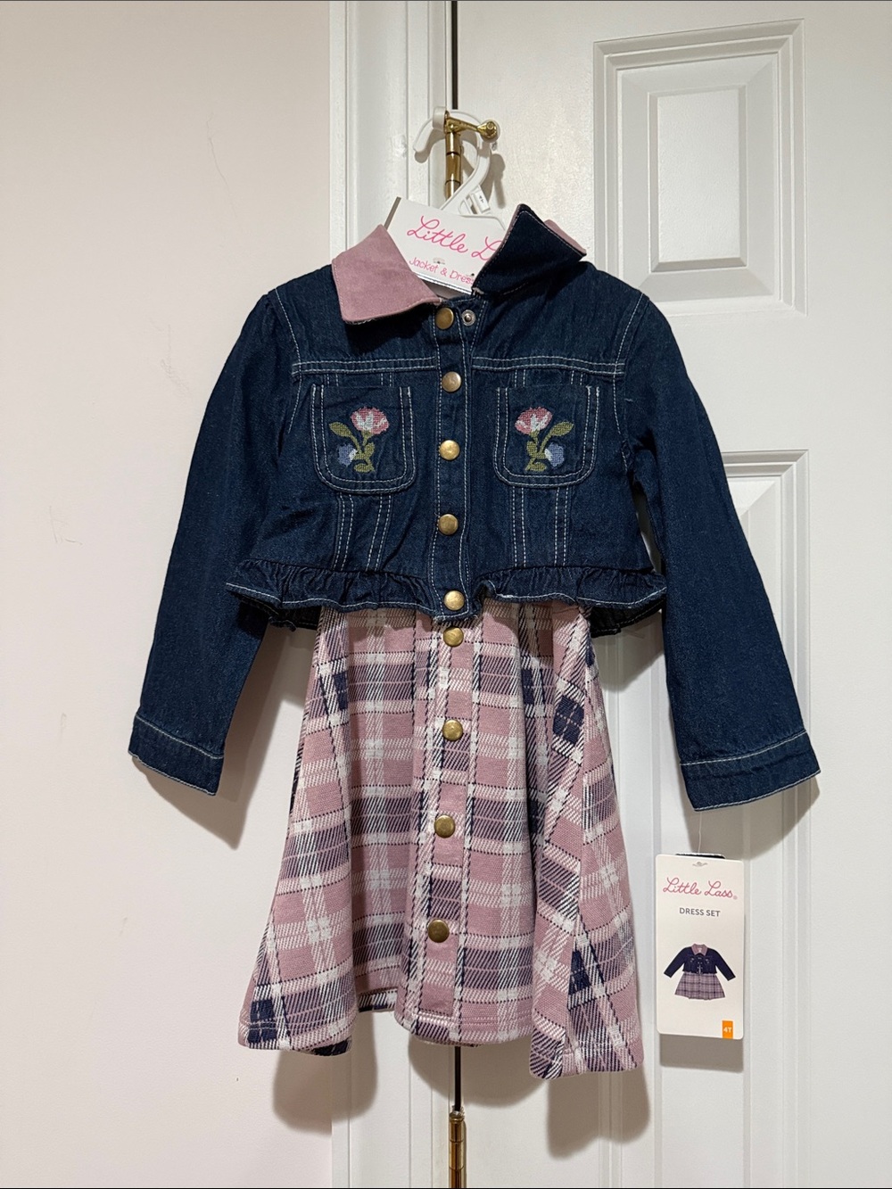 NWT Little Lass Navy Denim Jacket with Pink Plaid Dress Set